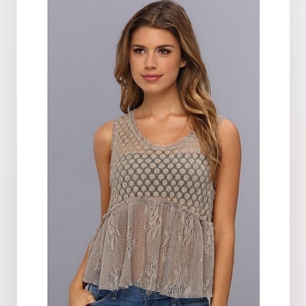Rare Free People Varsity Lace Peplum Tank Top Olive Green